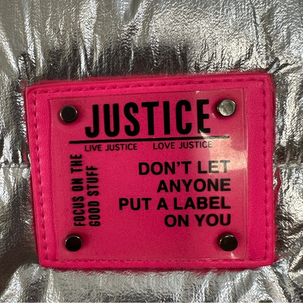 Justice Metallic Silver Puffer Tote Bag - Quilted Shiny Puffy Handbag - Hot Pink - Picture 3 of 5